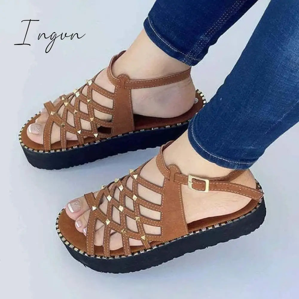 Ingvn - Fashion 2024 Summer Platform Sandals Women Casual Rubber Sole Non-slip Women Shoes Comfortable Peep Toe Rivet Beach Sandals