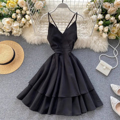 Ingvn - Summer Spring Beach Holiday V-Neck Backless Lace Up Ruffles Cakes Solid Elegant Women Lady A-line High Waist Dress