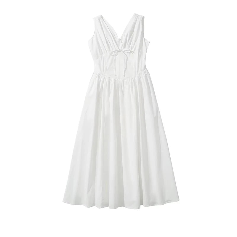 New Women Bow V Neck Floral Print Tank Summer Dress Sexy Sleeveless High Waist Elegant Holiday Party Dresses Midi Robe