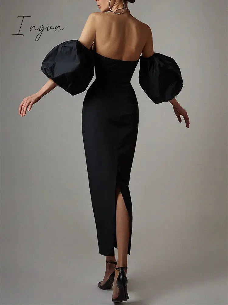 Ingvn - New Fashion Black Sexy Dress Summer Women's Top V-neck Strapless Puff Sleeve Midi Club Elegant Party Evening Dress Vestido