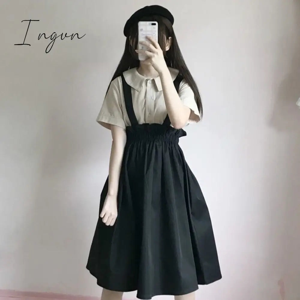 Ingvn - Spring/Autumn Women Skirts High Waist Student Korean Style Dark Vintage Ruffle Long A-line Skirts Women Fashion
