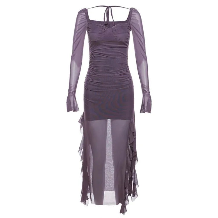 Fashion Sexy Mesh Long Sleeved Dress for Women Y2k Grunge Slim Fit Split Dresses Summer New Mid-length Vestidos Mujer
