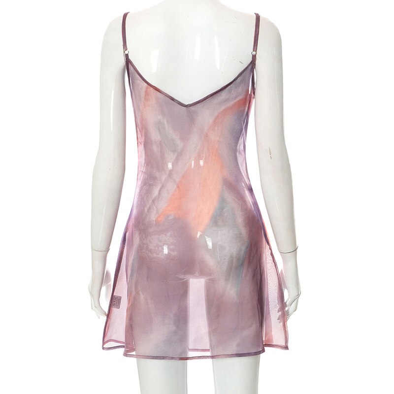 Women's Sexy Sheer Mesh Cami Dress Tie-dye Print V-neck Sleeveless Backless See-Through High Split Mini Dress E-Girl Streetwear