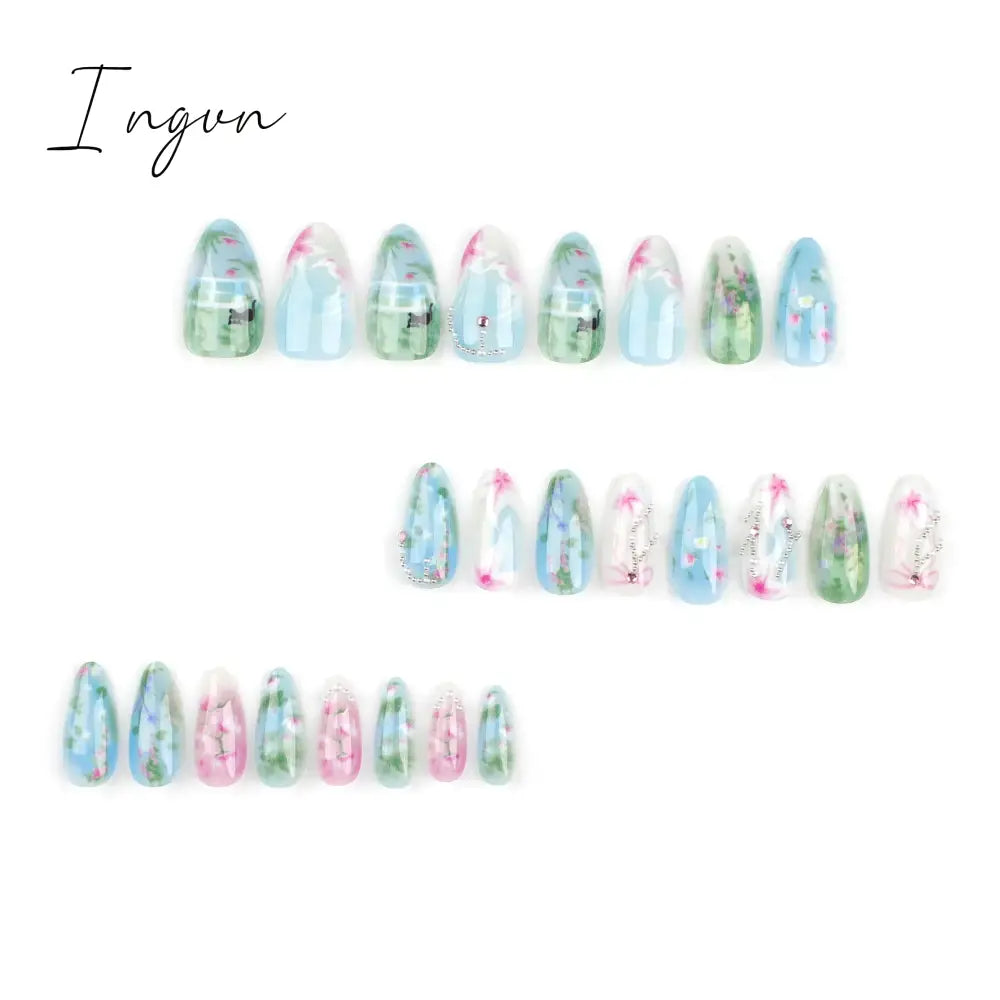 24pcs Long Almond Y2k Nails Press On Nails Pastoral Style False Nails With Designs Wearable Colorful Flowers Fake Nails Finished