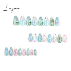 24pcs Long Almond Y2k Nails Press On Nails Pastoral Style False Nails With Designs Wearable Colorful Flowers Fake Nails Finished