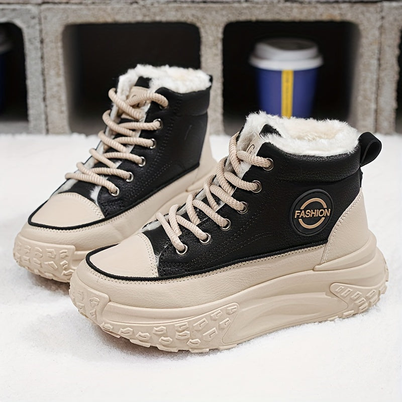 Cozy & Stylish Women's High-Top Sneakers - Plush Lined, Thick Sole, Warm Winter Booties with Lace-Up Closure