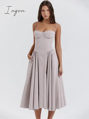 Ingvn - Elegant Women Dress Spaghetti Strap A-line Loose Midi Dresses Female Sleeveless Backless French Retro Long Dress