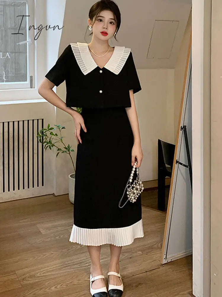 Ingvn - Summer Elegant Women Skirt Sets Retro Office Lady Outifits Puff Sleeve Black Top Skirts Set Korean Fashion Sweet Hepburn Suit
