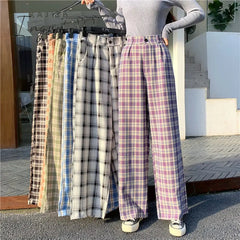 Ingvn - Simple Vintage Plaid Causal Long Women Pants Street Fashion Straight Wide Leg Pant