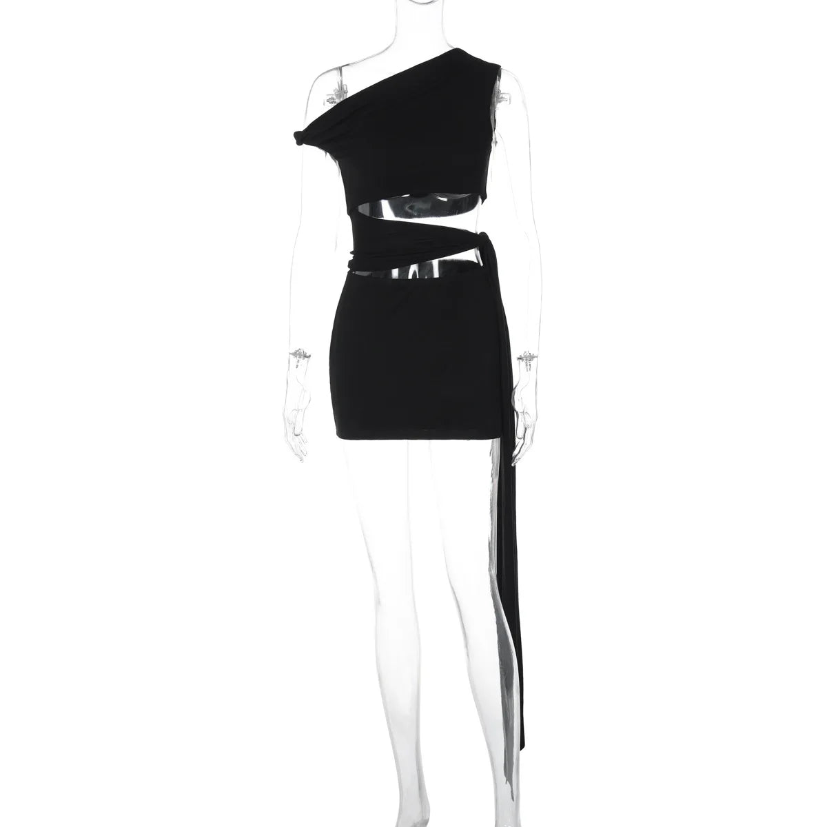 Hollow Out Oblique Shoulder Sexy Mini Dress For Women Robe Summer Black Sleeveless Backless Draped Skinny Club Dress
