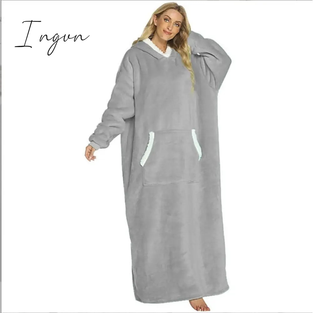 Ingvn - Women's Pajamas Nightgown Wearable Blanket Hoodie Blanket Pure Color Warm Comfort Oversized Home Daily Bed Fleece Hoodie Long Sleeve Hoodie Winter Fall Lake blue Deep Pink