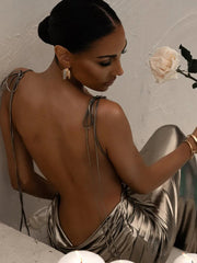 Spaghetti Strap Backless Maxi Dress For Women Summer New Sleeveless Lace-up Ruched Bodycon Club Party Long Dress Girl