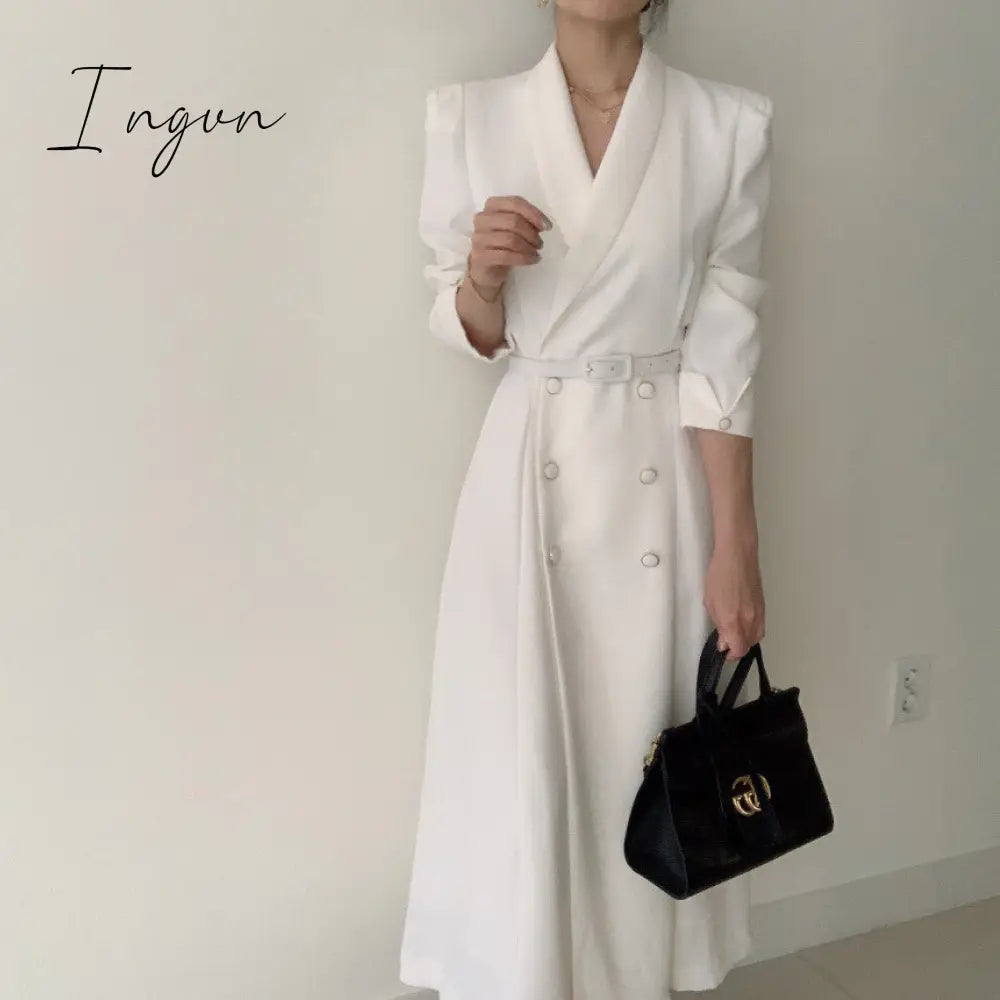 Ingvn - New French Spring Elegant Double Breasted Belted Sashes Women Suit Dress Autumn Office Long Sleeve Slim Waist Female Dress
