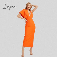 Ingvn - 2023 Fashion Trends Draped Backless Women Side Split Evening Club Party Dress New Sexy V Neck Orange Black Long Bandage Dress Vestidos