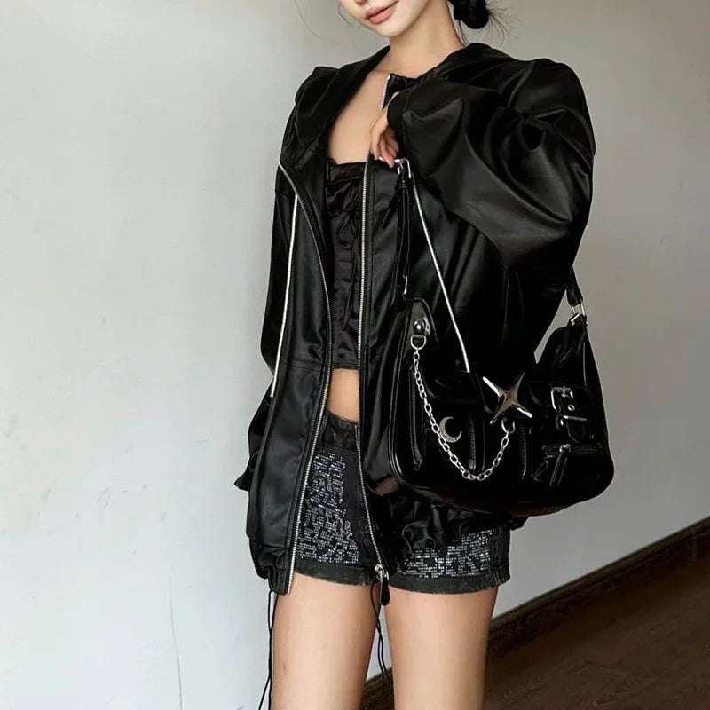 Ingvn  Y2k Womens Shoulder Bag Harajuku Fashion Gothic Casual Black Chains Handbag Hot Girls Pu Leather Ladies Motorcycle Bag Sac