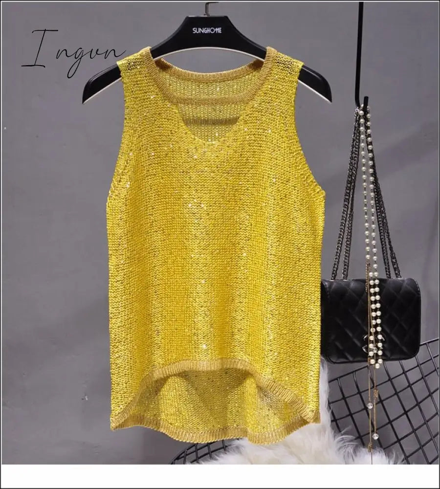 Ingvn - 2023 Summer New Sexy Hollow Sequined Knit Camisole Top Sleeveless Hollow Out Top Shirt Women's Loose Casual Crop Top Tops