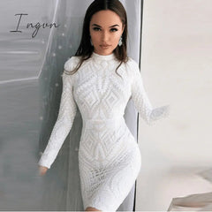 Ingvn - Slash Neck Slim Lace Fishtail Dress Party Women Elegant Long Sleeve Embroidered White Dresses Woman Evening Bride Smaid Vestidos