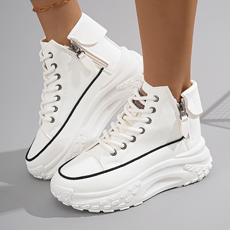 Plus Size Women's Comfortable High-Top Sneakers, Casual Lace Up Outdoor Shoes with Side Zipper