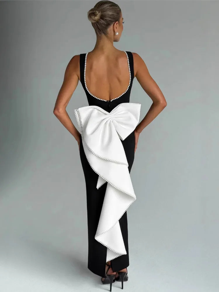 Elegant Pearl Bow Backless Sexy Maxi Dress Women Gown Fashion Sleeveless High Waist A-line Club Party Long Dress