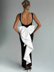 Elegant Pearl Bow Backless Sexy Maxi Dress Women Gown Fashion Sleeveless High Waist A-line Club Party Long Dress