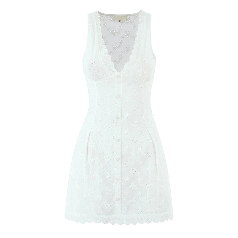 European And American Sexy Hollow Out Embroidered Dress Women V Neck Sleeveless A-line Mini White Dresses Summer Robe