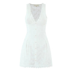 European And American Sexy Hollow Out Embroidered Dress Women V Neck Sleeveless A-line Mini White Dresses Summer Robe