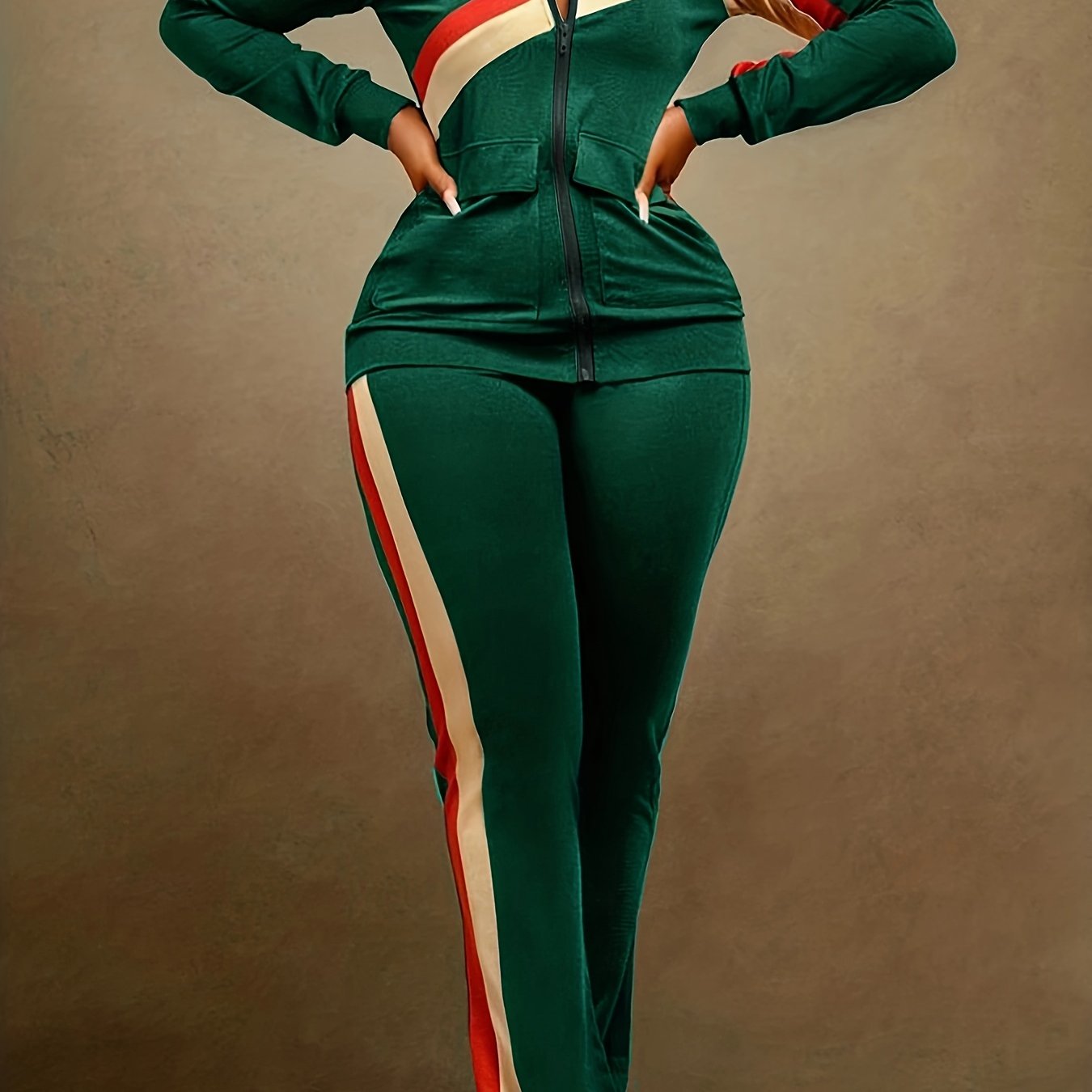 Two-piece Set, Long Sleeve & Long Length, Zip Up, Striped Print Retro Outfits, Women's Clothing