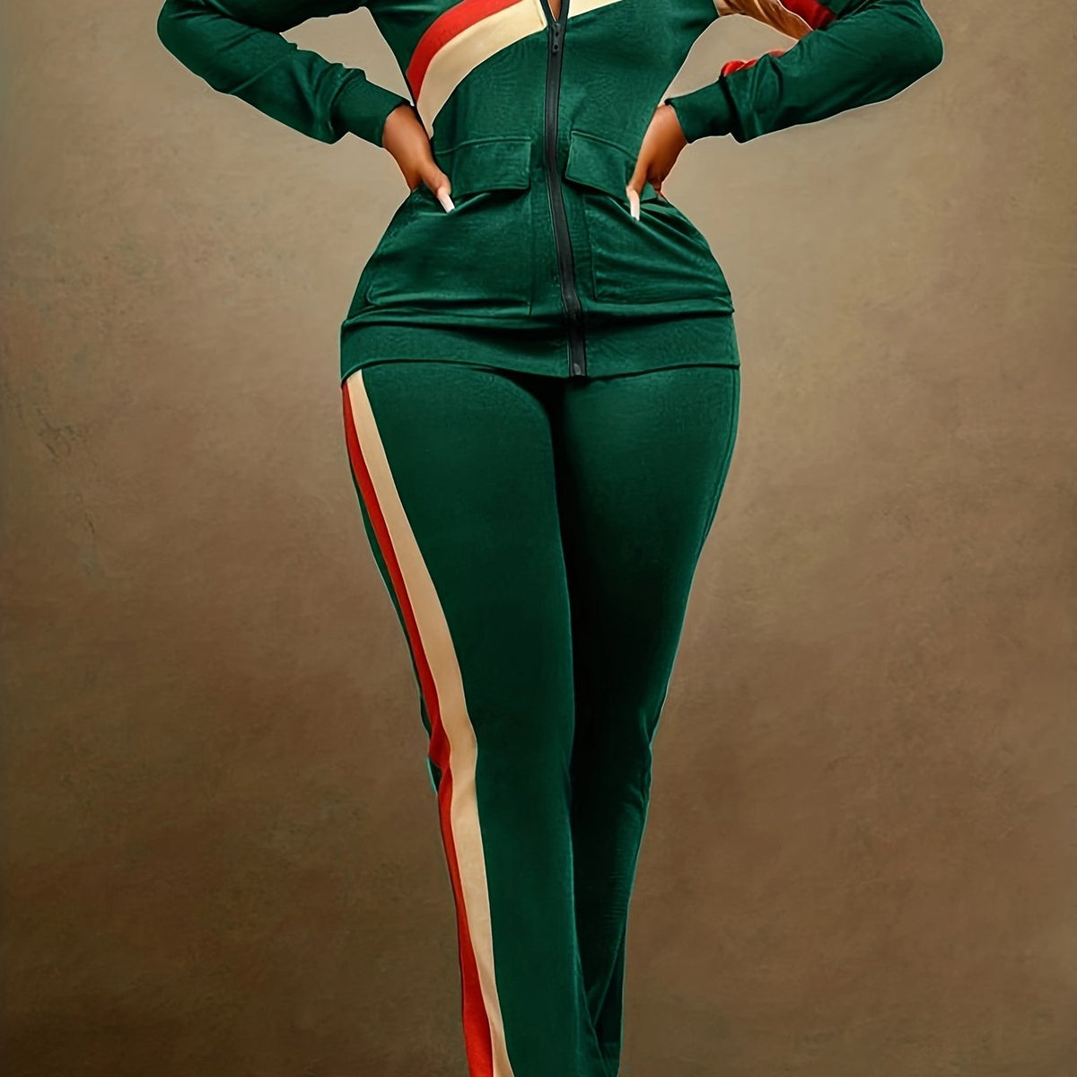 Two-piece Set, Long Sleeve & Long Length, Zip Up, Striped Print Retro Outfits, Women's Clothing