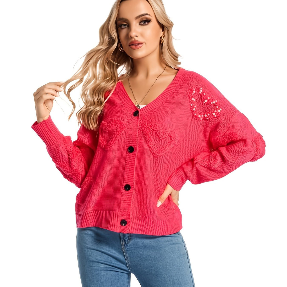 Beaded Heart Pattern Knit Cardigan, Casual Button Down Long Sleeve Sweater, Women's Clothing