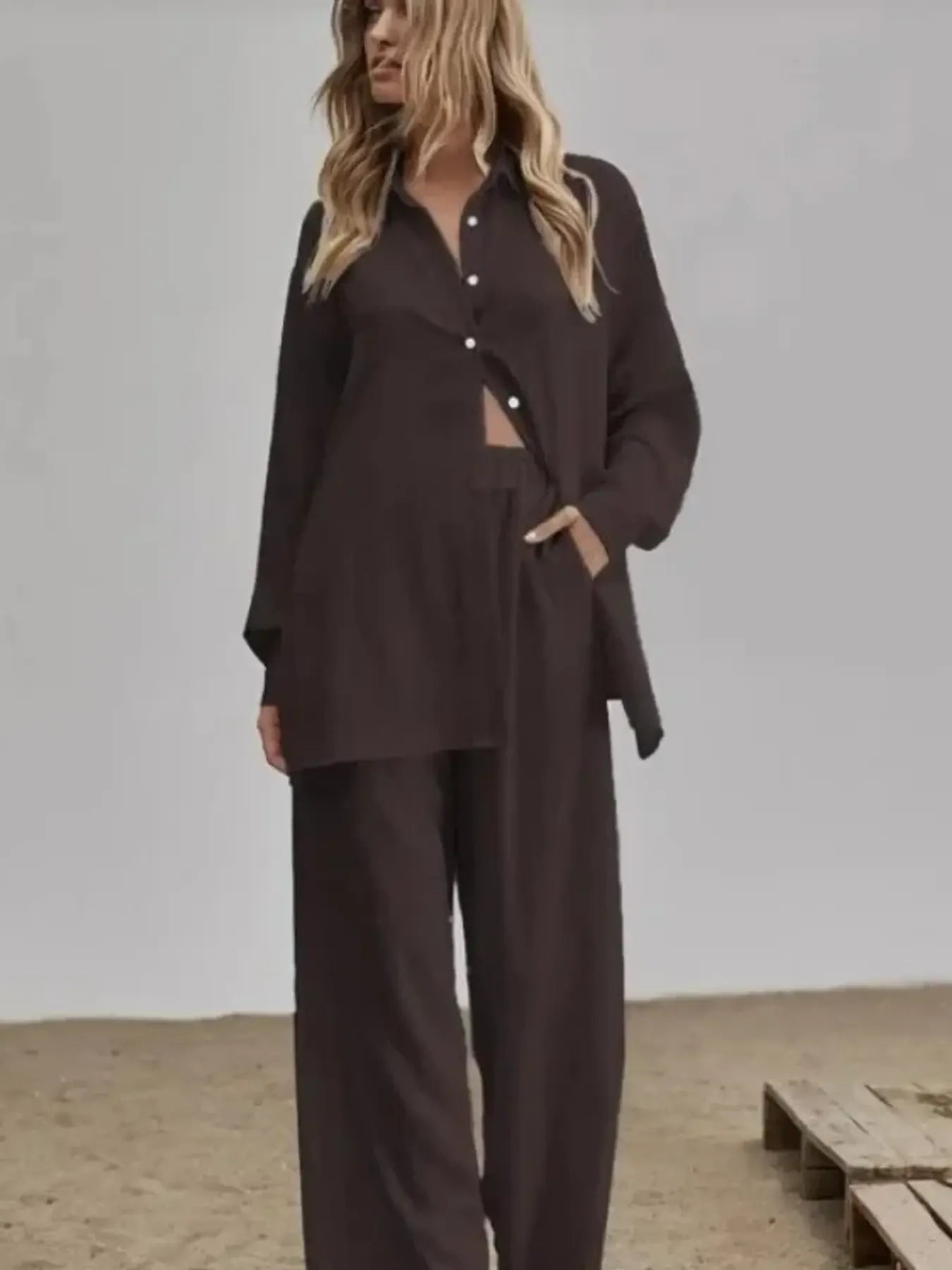 Button Up Long Sleeve Shirt and Pants Set