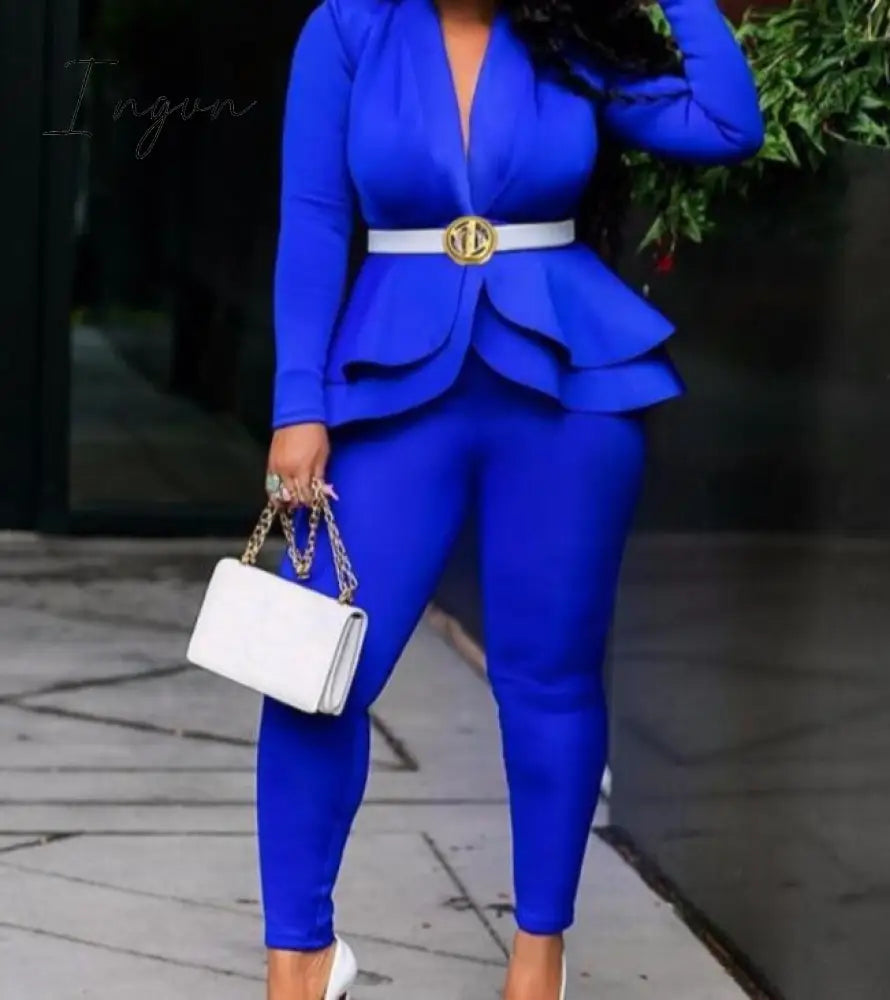 Ingvn - high quality Sexy Business Suits For Women Solid Black White Office Ladies 2 Piece Sets Scallop Design Elegant Women Suit Coat & Pants Set