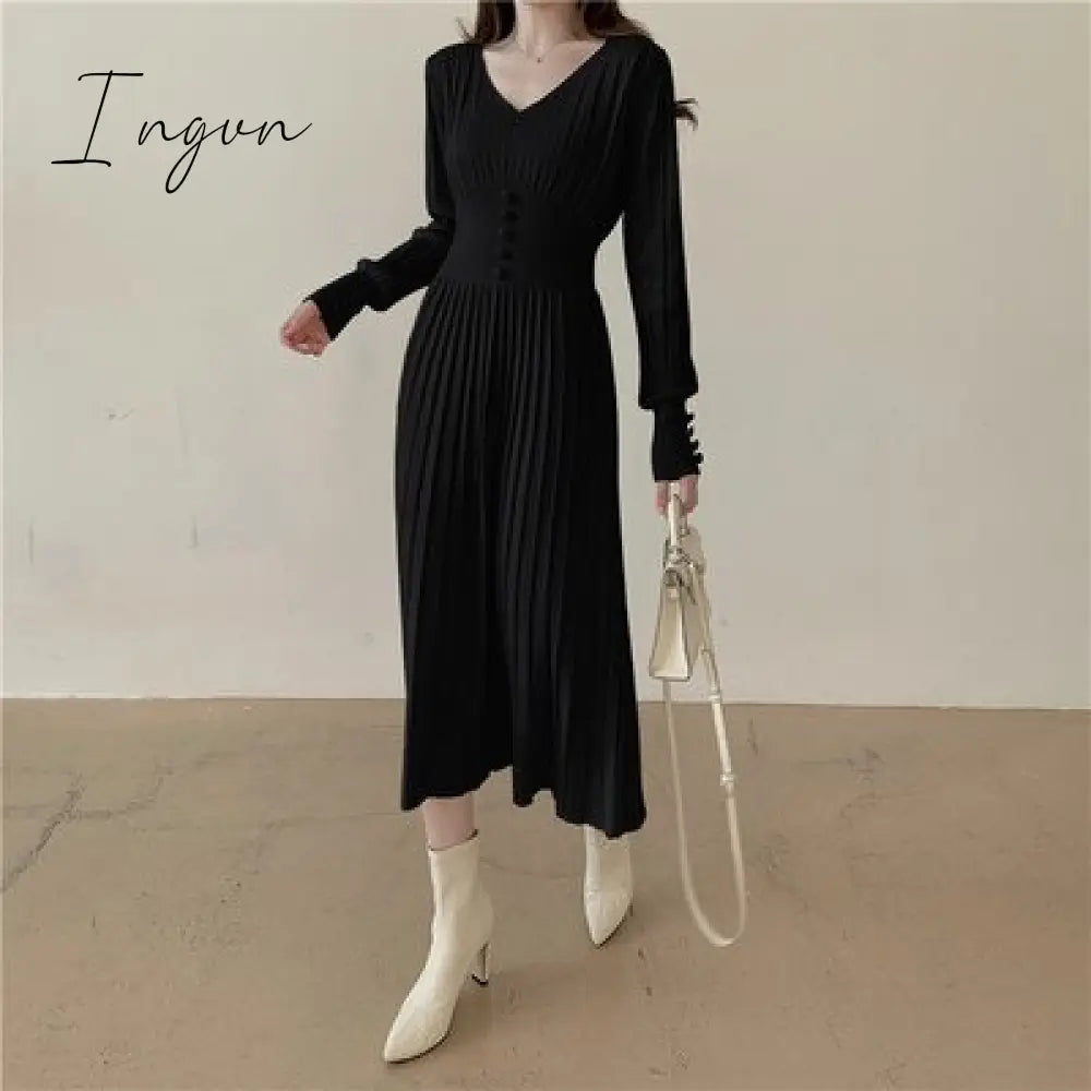 Ingvn - Gifts for women winter night out outfit Elegant Chic Pleated Sweater Dress Women's Slim French Femme Vestido Spring Autumn Winter Fashion Single-Breasted