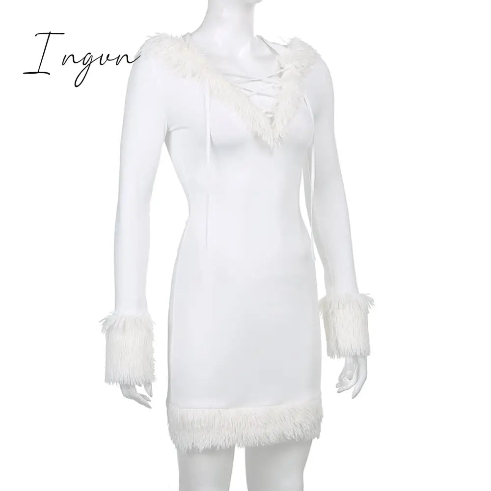 Ingvn - Furry Long Sleeve Hooded Bodycon Mini Dresses Women White V Neck Fuzzy Dress Skinny Christmas Party Streetwear Winter