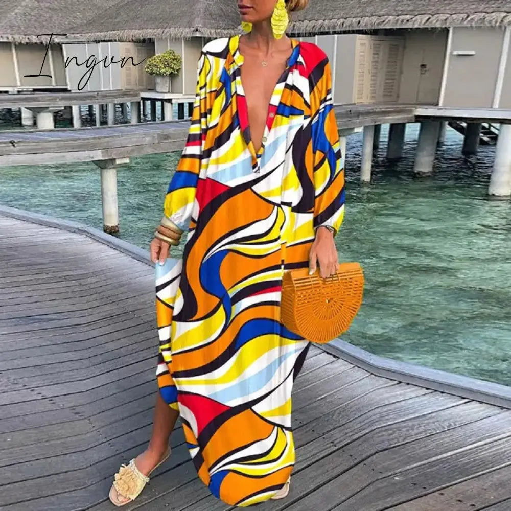 Ingvn - Autumn New Women's Loose Long Sleeves Dress Casual Printed Long Sleeves Streetwear Ladies Fashion V Neck Elegant Commute Dresses