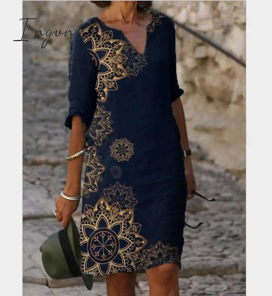 Ingvn - New Women Printing Dress Summer V-Neck Half Sleeve A-Line Dresses Female Retro litera Vintage Loose Dress Vestidos