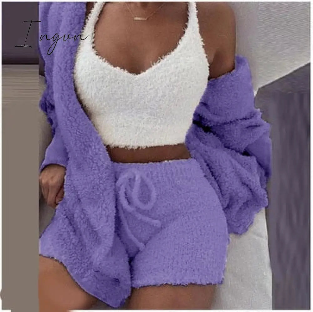 Ingvn - Three Piece Sexy Fluffy Outfits Plush Velvet Hooded Cardigan Coat+Shorts+Crop Top Women Tracksuit Sets Casual Sports Sweatshirt