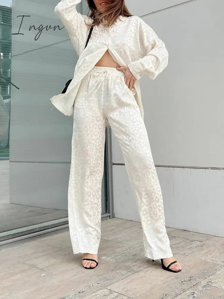 Ingvn - Women's Shirt Pants Sets Black White Red Leopard Print Long Sleeve Casual Daily Fashion Shirt Collar Regular Fit Spring &  Fall