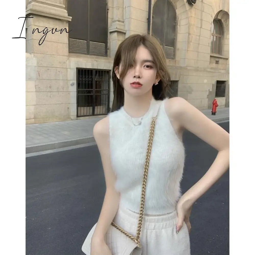 Ingvn - Sexy Plush Crop Tops Women Vintage Y2k Clothes Knitted Tank Top Sleeveless Club Party Outfits Korean Fashion New