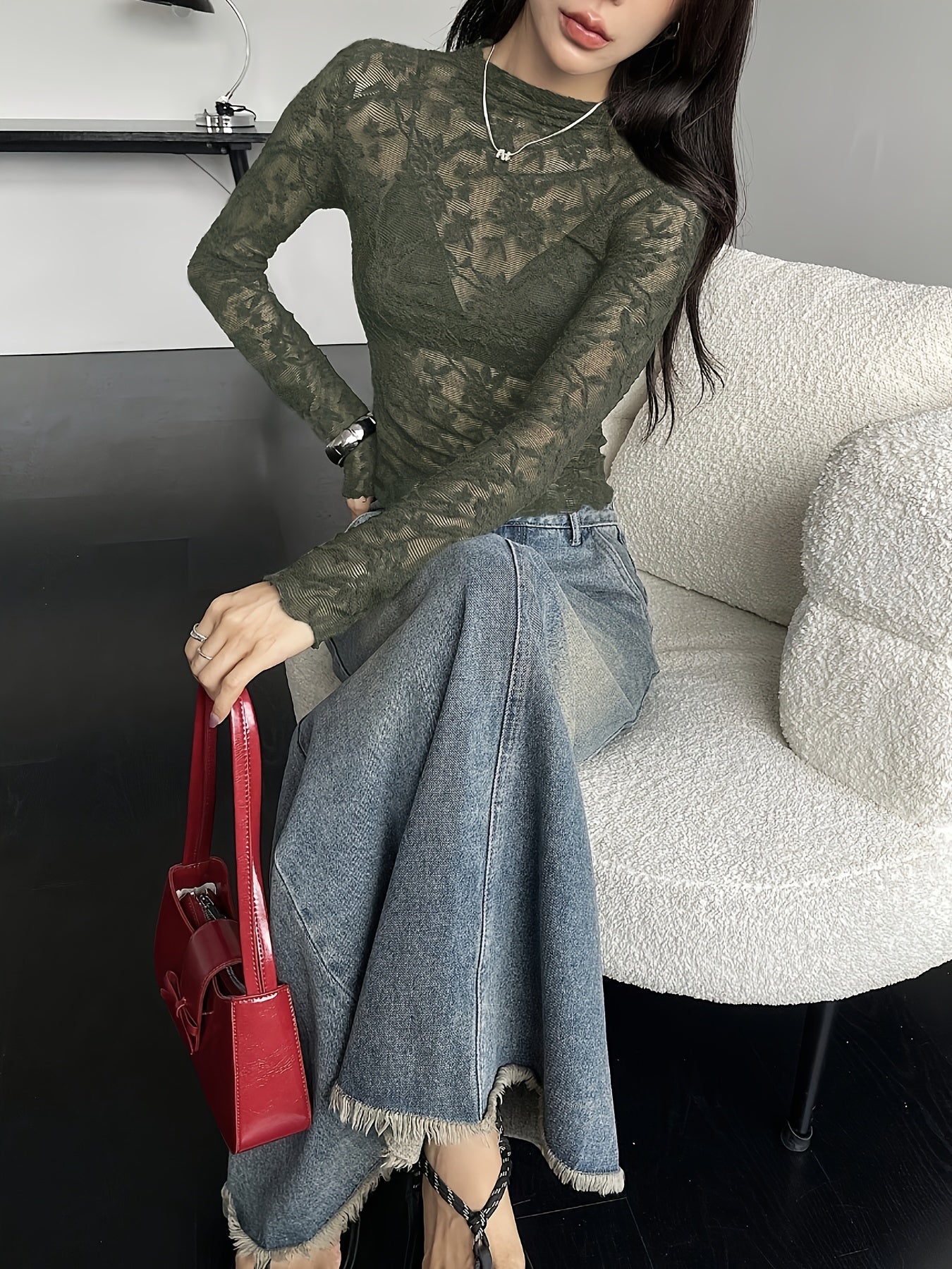 Women'S Y2K Style Long Sleeve T-Shirt, Sexy Sheer Mesh Knit Top with Crew Neck, 100% Polyester, Regular Length, 150g/m² Fabric Weight, Solid Color - Spring/Summer/Fall Fashion