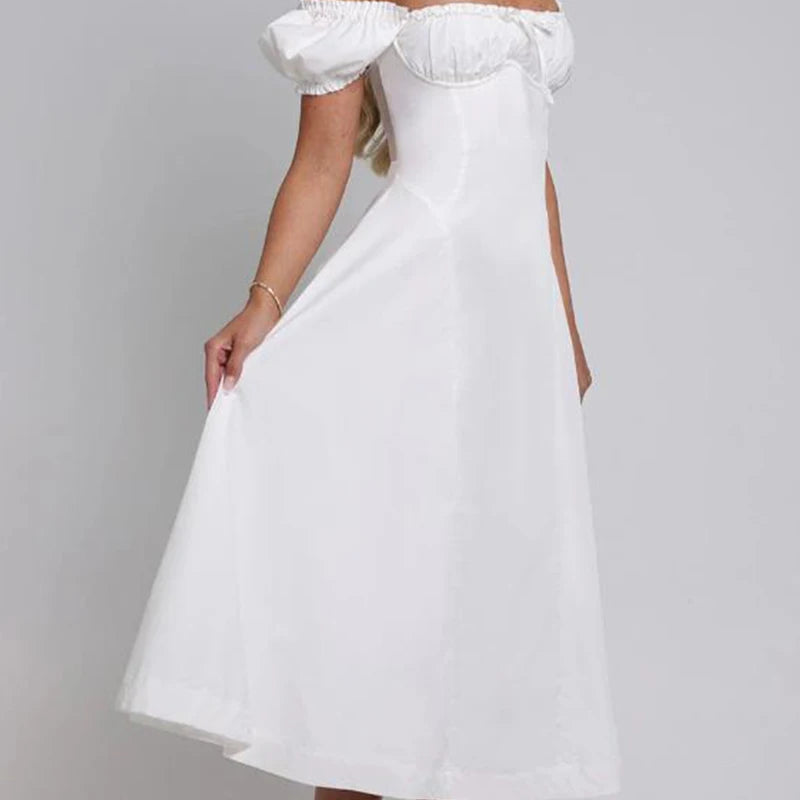 New Women Sexy Off Shoulder Elegant Party Dresses Short Sleeve Lace Up Back A-line Midi Summer Dress Blue White Robe