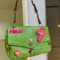 Ingvn  Vintage Hello Kitty Womens Shoulder Bag Y2k Green Original Cross Harajuku Style Crossbody Bag Fashion Luxury Female Handbag