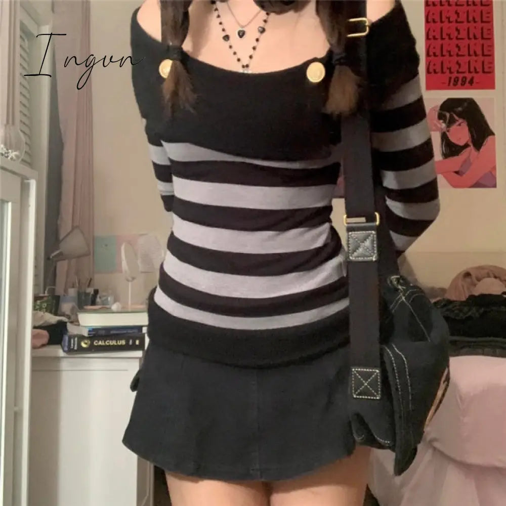 Ingvn - Fashion Trends Harajuku Retro Striped Print Grunge Tshirts Slash Neck Buttons Autumn Vintage Tops Tees Aesthetic Chic Cute Slim Fit Outfits