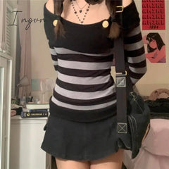 Ingvn - Fashion Trends Harajuku Retro Striped Print Grunge Tshirts Slash Neck Buttons Autumn Vintage Tops Tees Aesthetic Chic Cute Slim Fit Outfits