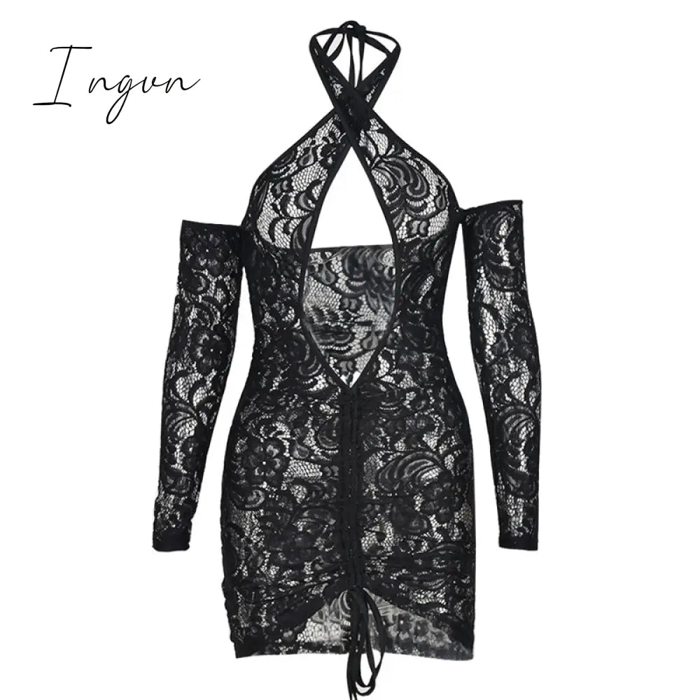 Ingvn - Tassel Stitching Sexy Dress For Women Evening Clubbing Party Square Collar Halter Hollow Out Backless Lace Mini Dress