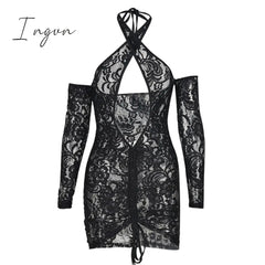 Ingvn - Tassel Stitching Sexy Dress For Women Evening Clubbing Party Square Collar Halter Hollow Out Backless Lace Mini Dress