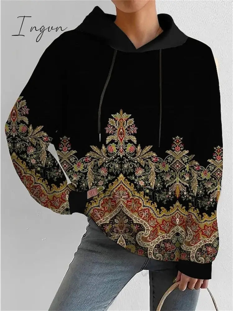 Ingvn - Women's Sweatshirt Pullover Basic Drawstring Black Graphic Casual Round Neck Long Sleeve Top Micro-elastic Fall & Winter