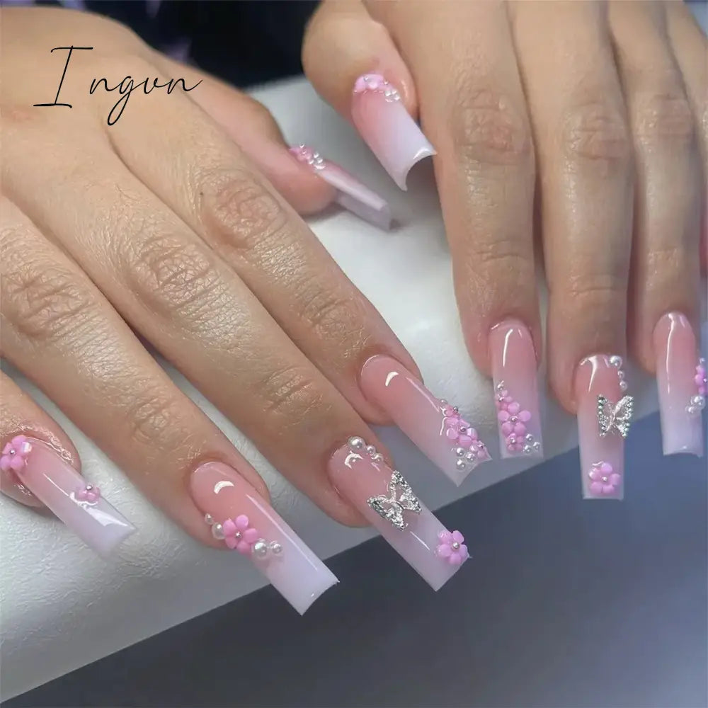 24pcs Artifical Bails With Glue Fake Nail Tips With Design Detachable Press On Nails Long Fake Nail Finished Nail Piece Sticker