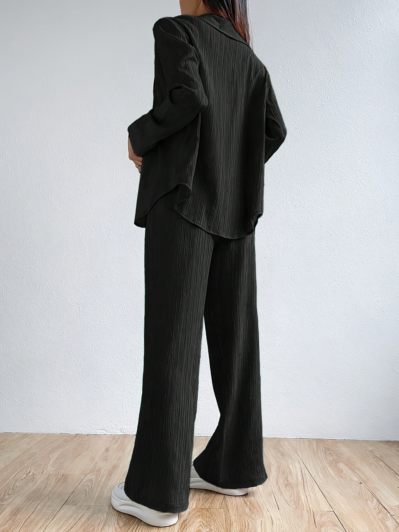 Stylish Solid Color Pantsuits - Women's Clothing - Long Sleeve Button Front Collared Shirt, Elastic Waist Wide Leg Pants, Comfortable Outfits for Daily Wear, Office, Party, and Casual Occasions
