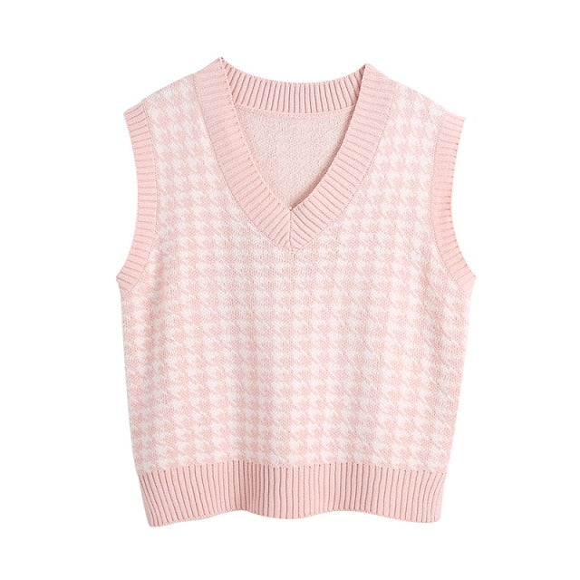 Women  Fashion Oversized Houndstooth Knitted Vest Sweater Vintage Sleeveless Side Vents Female Waistcoat Chic Tops