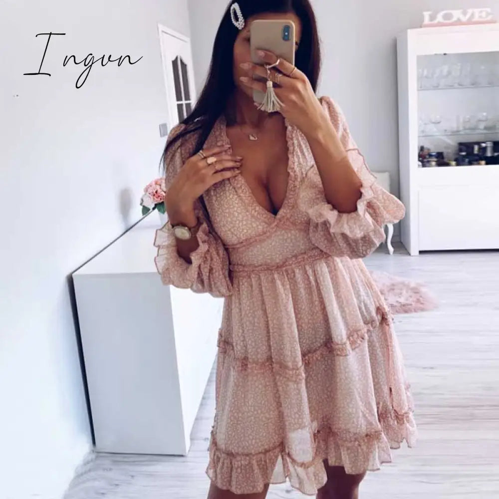 Ingvn - Harlow Floral Print Ruffle Dress women backless V-neck dress women mini summer dress ladies party dress